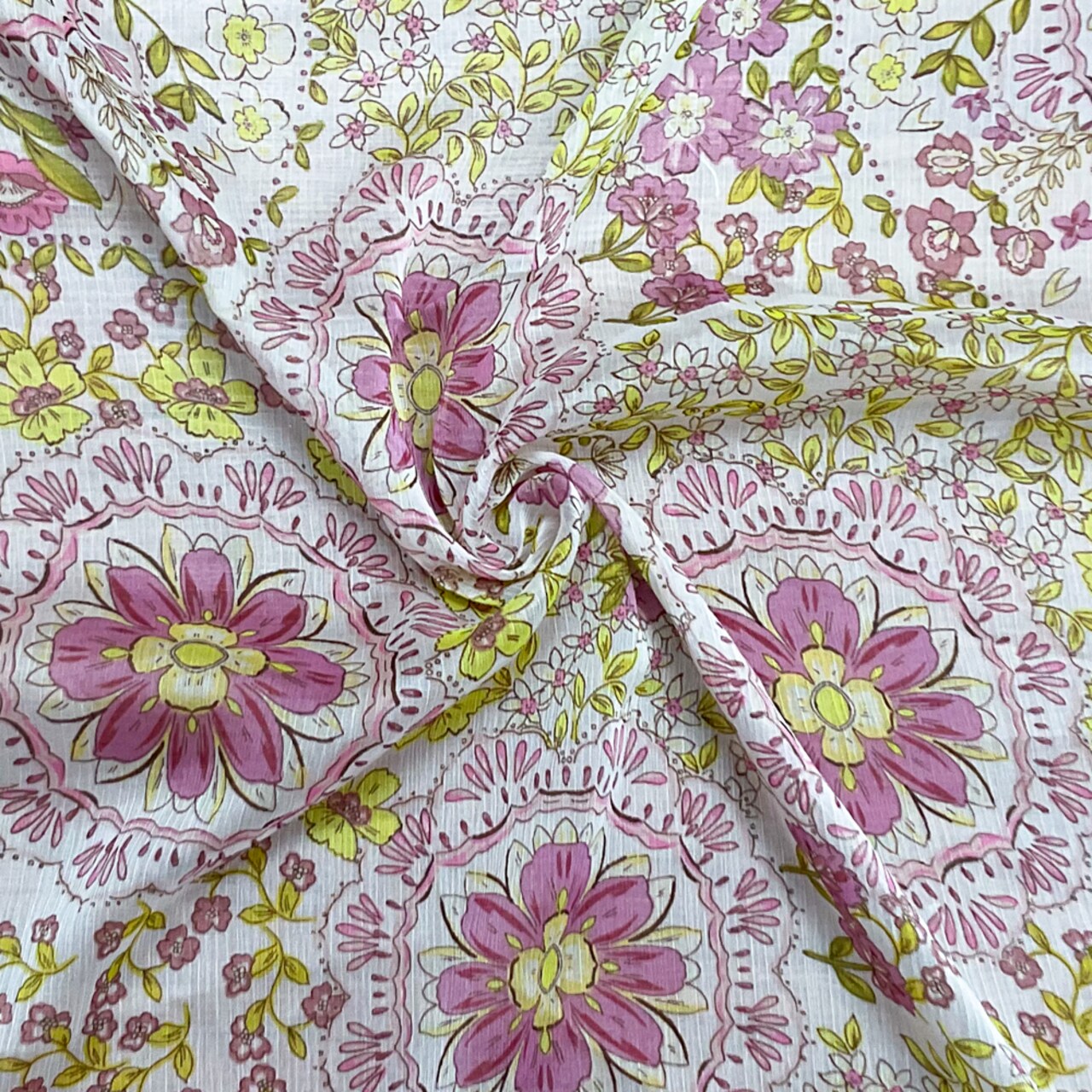 Ivory-Green-Multi Poly Floral Printed Crinkle Yoryu Chiffon Woven Fabric By the Yard